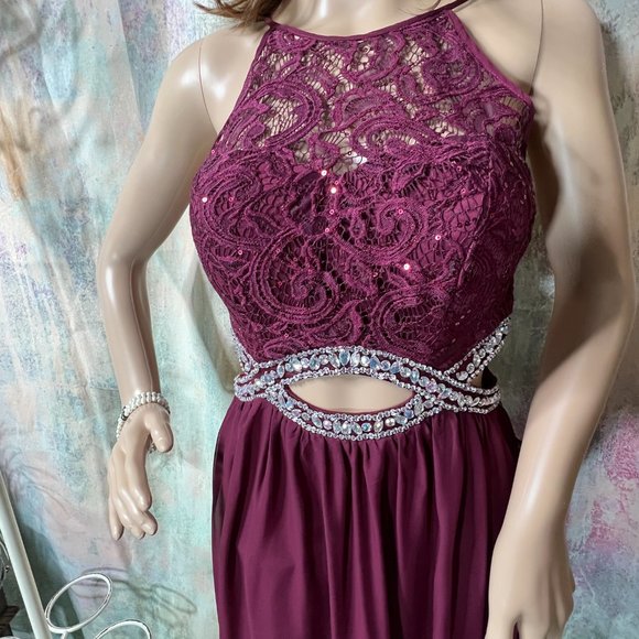 NEW📌Sexy Burgundy Infinity Beaded Cutout Sequin Lace Chiffon Prom Gown - Picture 3 of 15